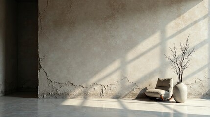 Serene Minimalist Interior Design Featuring a Relaxing Chair and Dried Branch Arrangement Against a Textured Wall