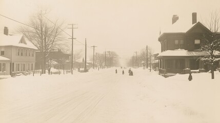 Obraz premium Nostalgic Winter Wonderland: Cozy 1920s Street Scene with Snow-Covered Rooftops and Playful Children