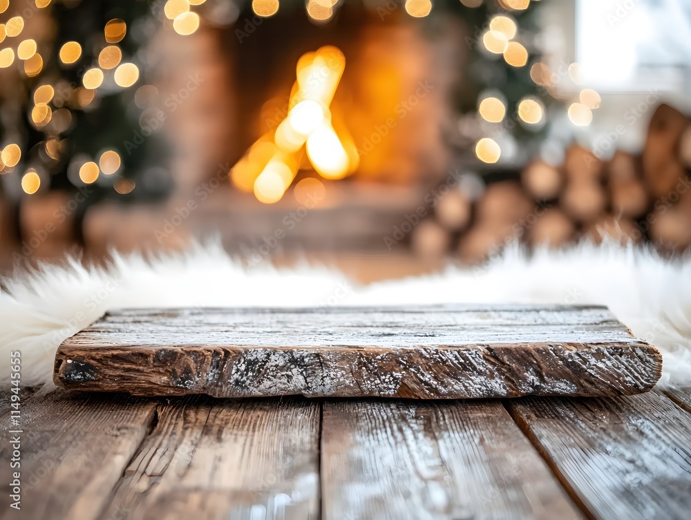 Aufkleber rustic wooden table foreground with cozy fireplace and bokeh lights in background