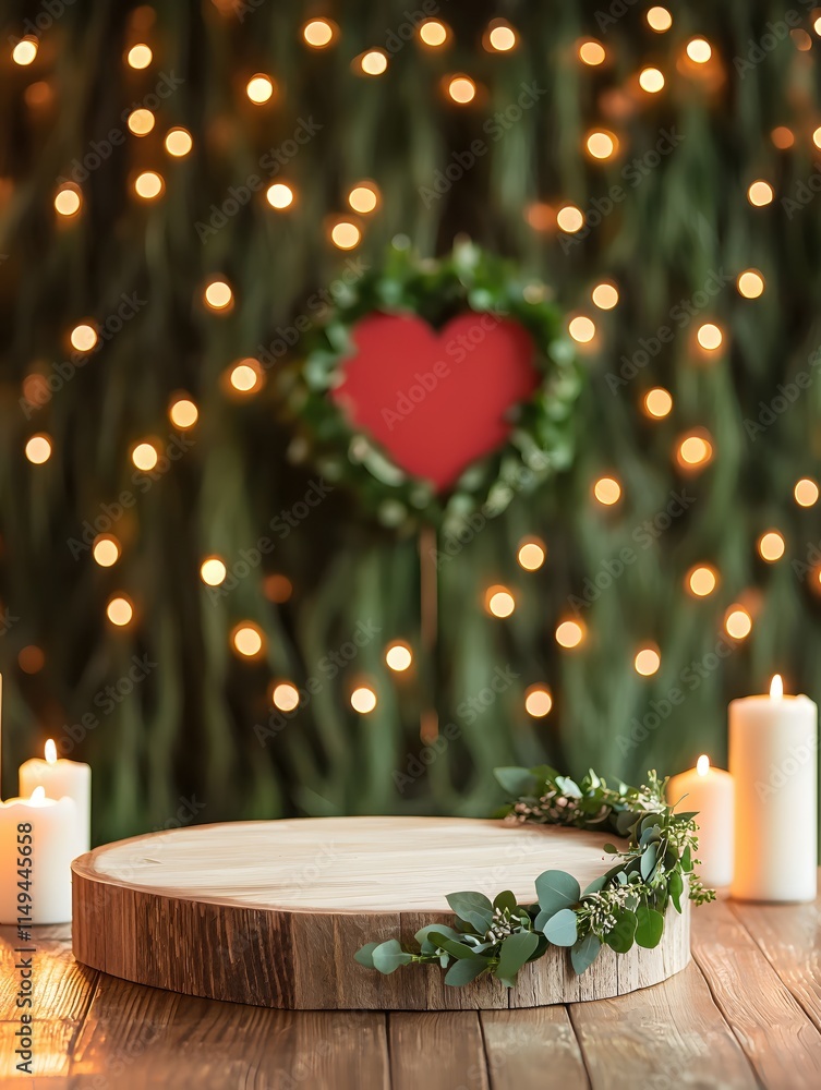 Poster elegant wooden display with greenery and heart backdrop for romantic settings