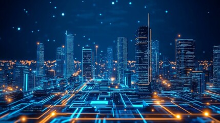 Futuristic smart city at night with neon lights and digital network