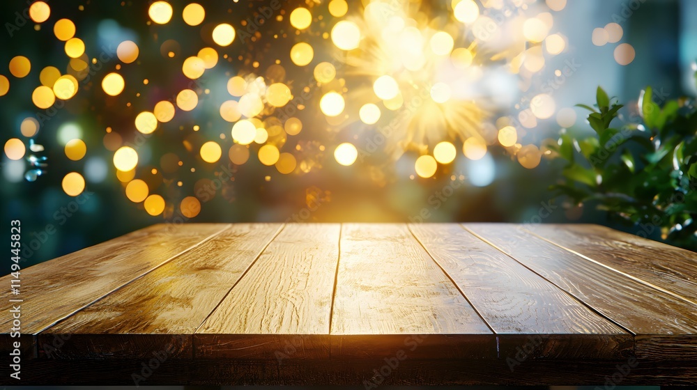 Poster Wooden Table with Bokeh Lights in Background for Cozy Atmosphere or Display