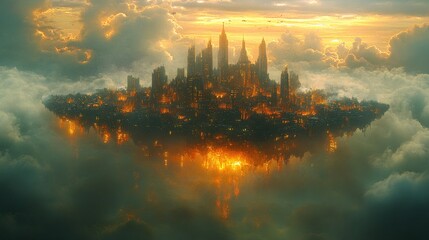 Naklejka premium Floating city, sunset clouds, golden glow.