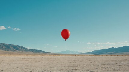 Fototapeta premium A solitary red balloon floats against a clear blue sky over a vast, empty landscape.