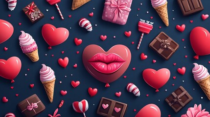 Charming Valentine s Day Themed Cartoon Style Seamless Pattern with Hearts Gifts and Confections