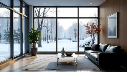 Modern Living Room Winter Landscape View Cozy Home Interior Design