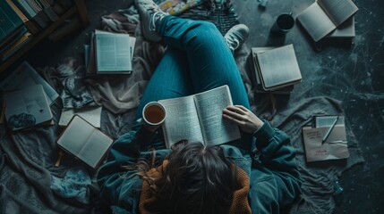 A top-down view of  a person journaling at a desk