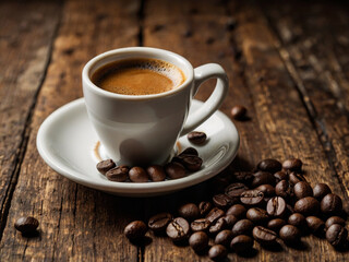 Fototapeta premium Espresso Cup with Coffee Beans and Wooden Background
