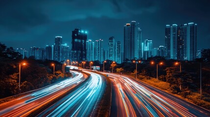 Fototapeta premium The motion blur of a busy urban highway during the evening rush hour. The city skyline serves as the background, illuminated by a sea of headlights and taillights.