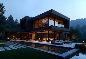 Fototapeta premium Luxurious Modern Black House with Sleek Architectural Design