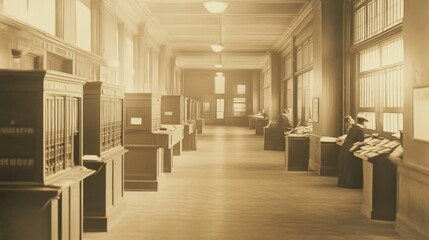 Vintage 1920s Post Office Atmosphere with Mailboxes and Postal Workers Evoking Nostalgia and Community Spirit
