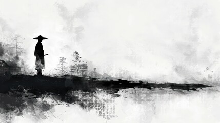 Obraz premium Silhouette of a person in a wide-brimmed hat standing on a misty landscape, rendered in black and white with painterly brushstrokes.