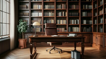 sophisticated home office with a dark wood desk, leather chair, and bookshelf wall

