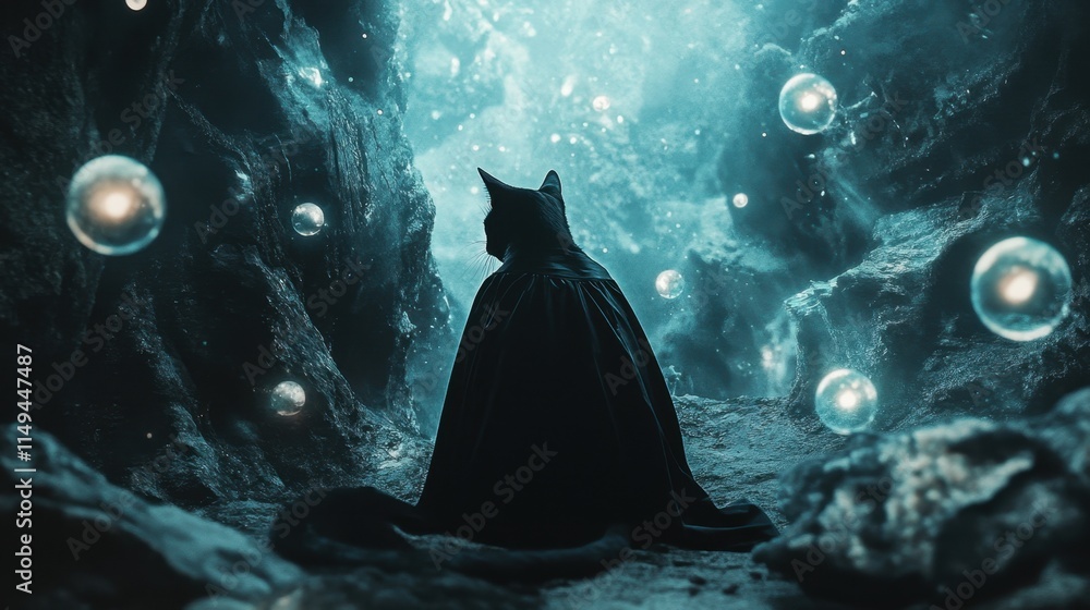 Poster mysterious cat in a magical cave surrounded by floating bubbles