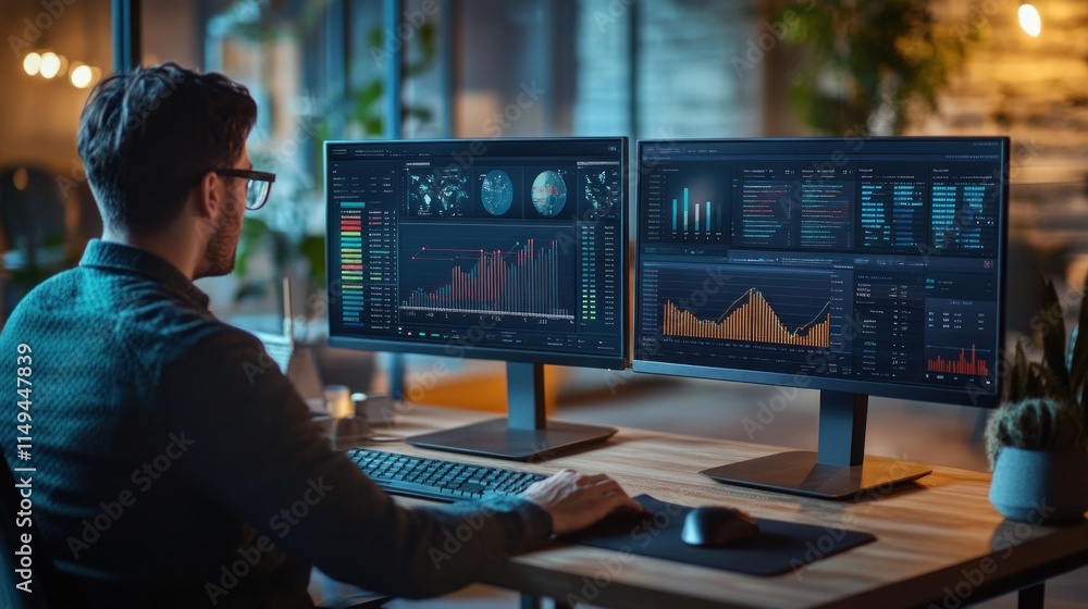 Poster man analyzing financial data on multiple monitors