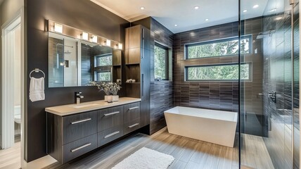 modern bathroom with floating cabinetry, a frameless shower, and dark tile accents
