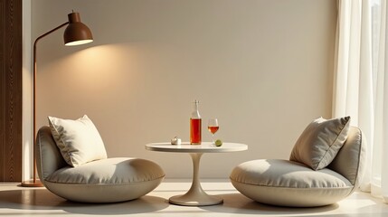Relaxing Minimalist Lounge Setting with Soft Seating and Subtle Lighting