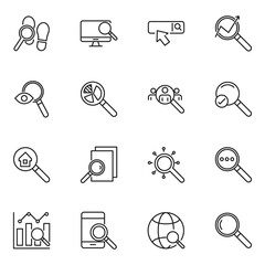 Search set of web icons in line style. Magnifying glass linear icon collection. Containing SEO,...
