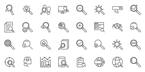 Search set of web icons in line style. Magnifying glass linear icon collection. Containing SEO, Digital marketing, data analysis, management, investigate, find and more