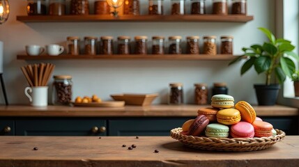 A delightful assortment of colorful macarons in a rustic woven basket, resting on a wooden counter in a cozy kitchen setting with shelves filled with various jars and containers.