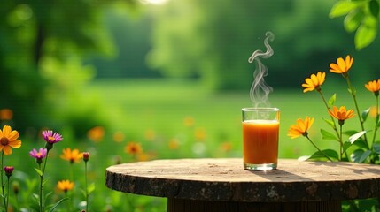 Warm beverage steaming gently on rustic table amidst blooming wildflowers in a tranquil garden setting