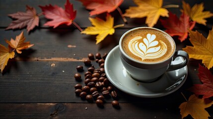 Autumnal Coffee Delight Aromatic Brew with Latte Art and Scattered Coffee Beans Beside Colorful Fall Leaves on Rustic Wooden Surface
