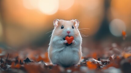 Adorable hamster holding heart on a warm autumn day in nature