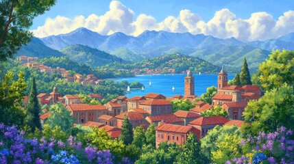 Idyllic Coastal Town Nestled in Mountains