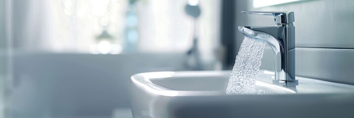 Water flowing from a modern faucet in a bathroom close up, with a blank banner area on the right side for text