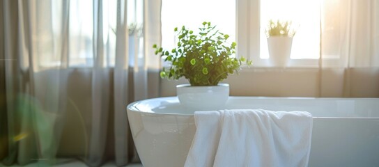 White bathtub with a white towel and potted plant in the bathroom with curtains on the window