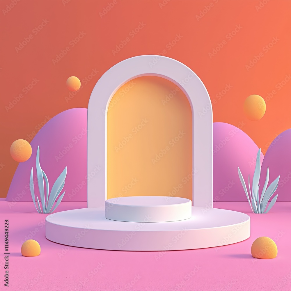 Poster minimalist display podium with arched backdrop and colorful geometric elements
