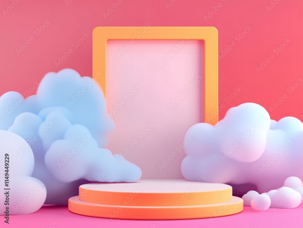 Aufkleber minimalist display with colorful frame and soft clouds in modern studio setting