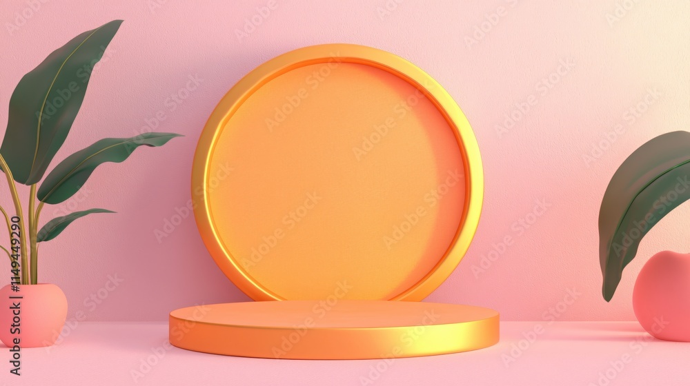 Poster Elegant Minimalist Display with Circular Golden Base and Soft Pink Background