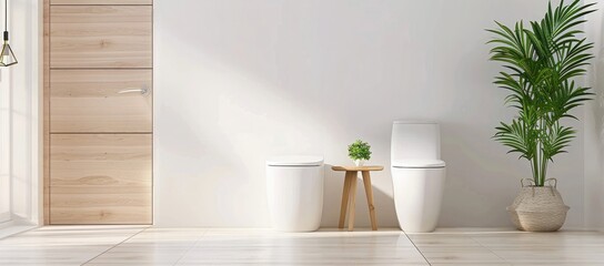 White smart toilet, with a minimalist design and white background, is located in the center of the bathroom next to an open door