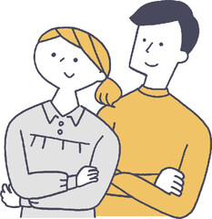 腕組みをする若い男女線画