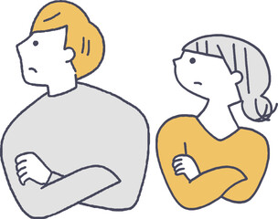 腕組みをする若い男女横向き線画