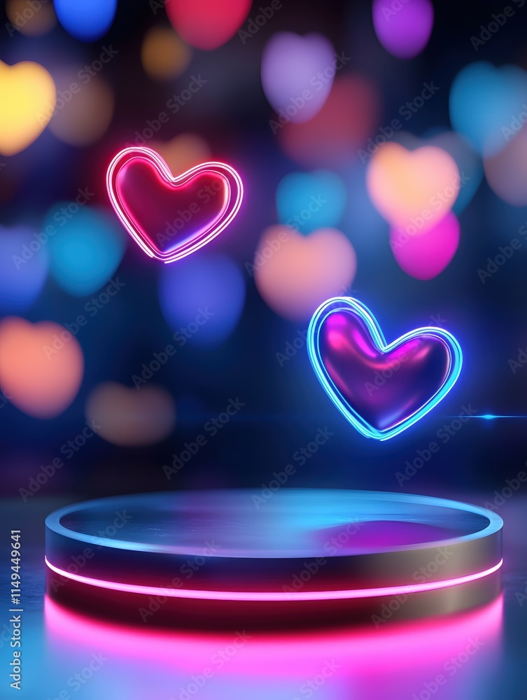 Poster colorful hearts floating above circular platform with soft bokeh background