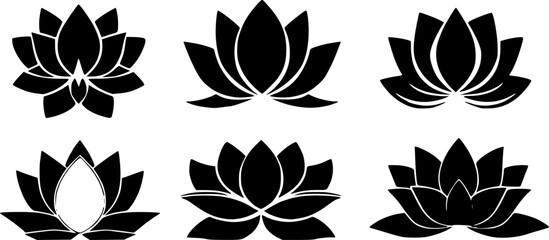 Black and white lotus flower icons set. Set of lotus flower silhouettes. Lotus flower silhouette icons. Vector illustration.