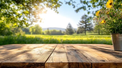 Beautiful Rustic Wooden Table with Sunlight and Flowers in Vibrant Nature Background