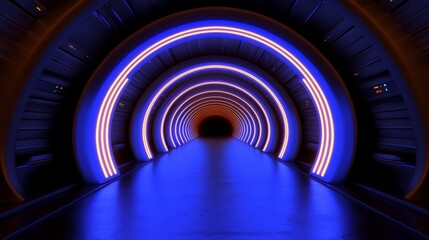 Obraz premium Futuristic neon-lit tunnel with glowing arches.