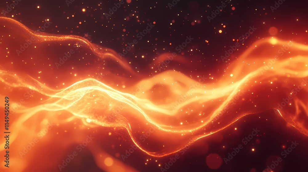 Poster abstract glow of fiery waves with sparkling particles in dark background