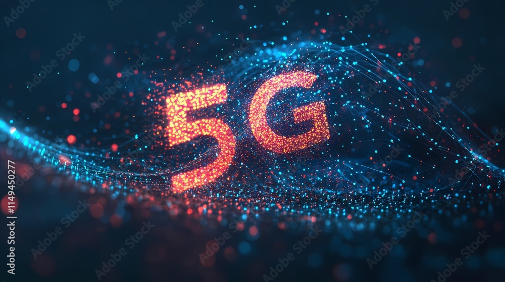 Poster abstract representation of 5g technology with glowing particles and digital waves