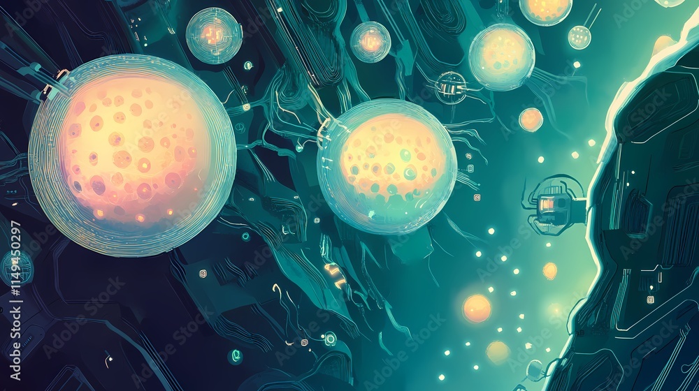 Poster surreal abstract representation of floating cells in a digital environment