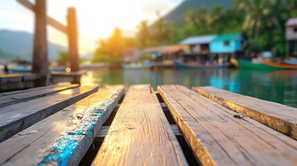 Peaceful sunset over wooden pier with boats at tropical village in soft focus