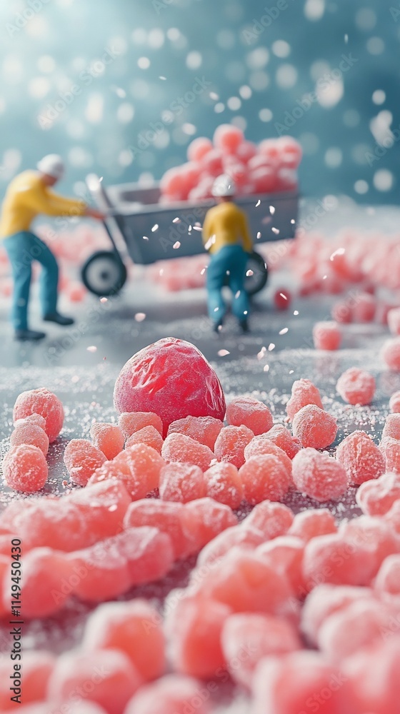 Poster plum pieces with workers pushing cart in solid color background