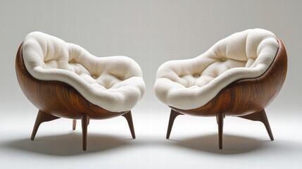 Obraz premium Pair of Mid-Century Modern Lounge Chairs in Walnut Wood and White Upholstery