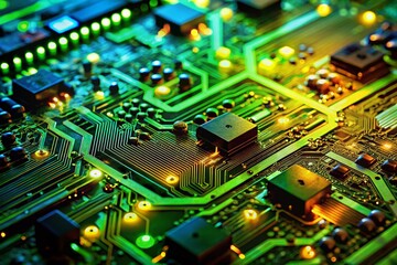 Fototapeta premium Panoramic Close-up of High-Tech Green Circuit Board - Detailed Tech Background