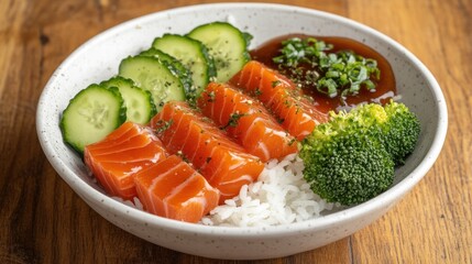 Salmon Poke Bowl with Rice, Cucumber, Broccoli, and Teriyaki Sauce