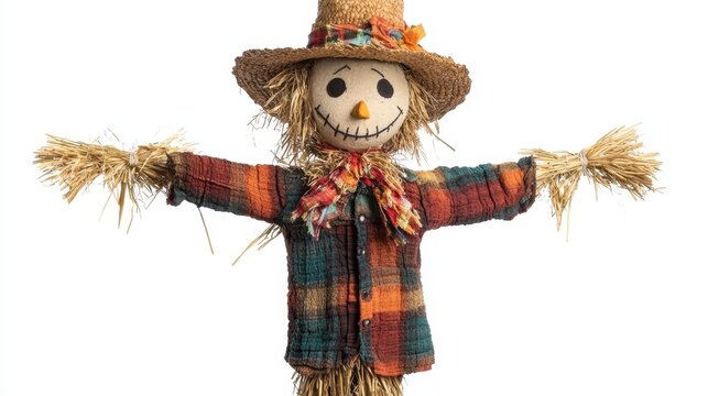 Cheerful Scarecrow with Straw Hat and Colorful Outfit for Harvest