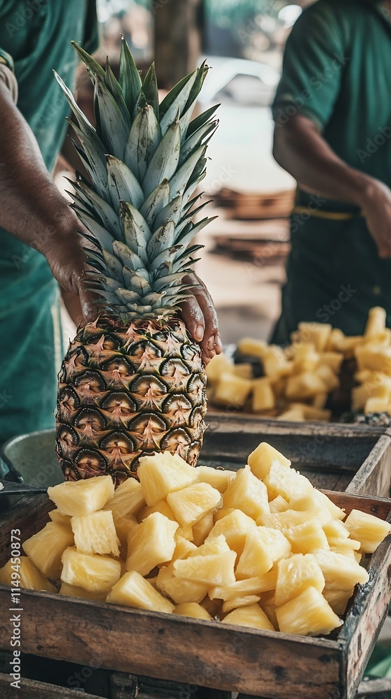Poster freshly sliced pineapple cubes transported by workers in solid color setting
